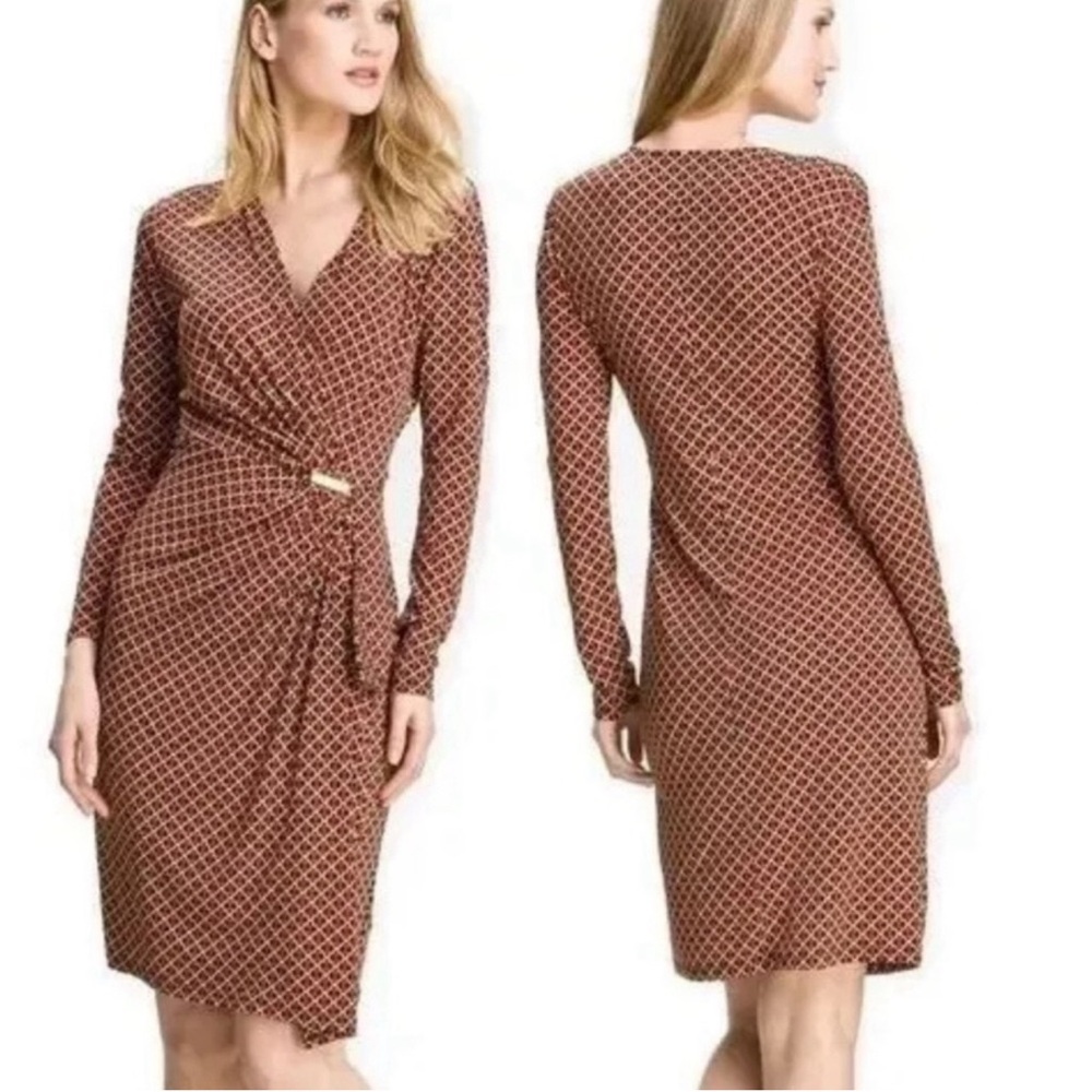 Michael Kors Red+Black Patterned Knee-Length Wrap Sheath Dress with Long Sleeves